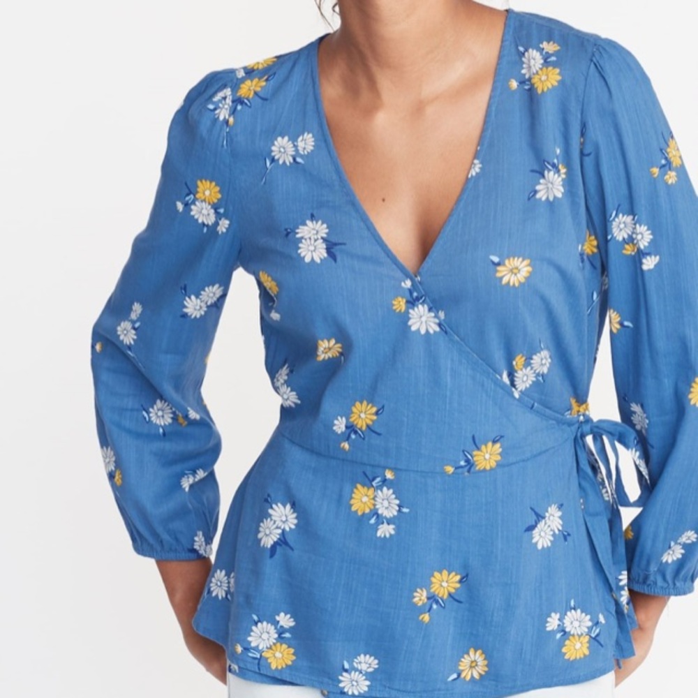 Old Navy Wrap Top Blue Yellow Floral Waist Spring